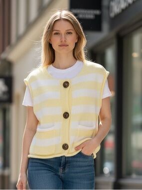NWT House Of Harlow Yellow Striped Knit Vest Sleeveless Button  Cardigan Chunky